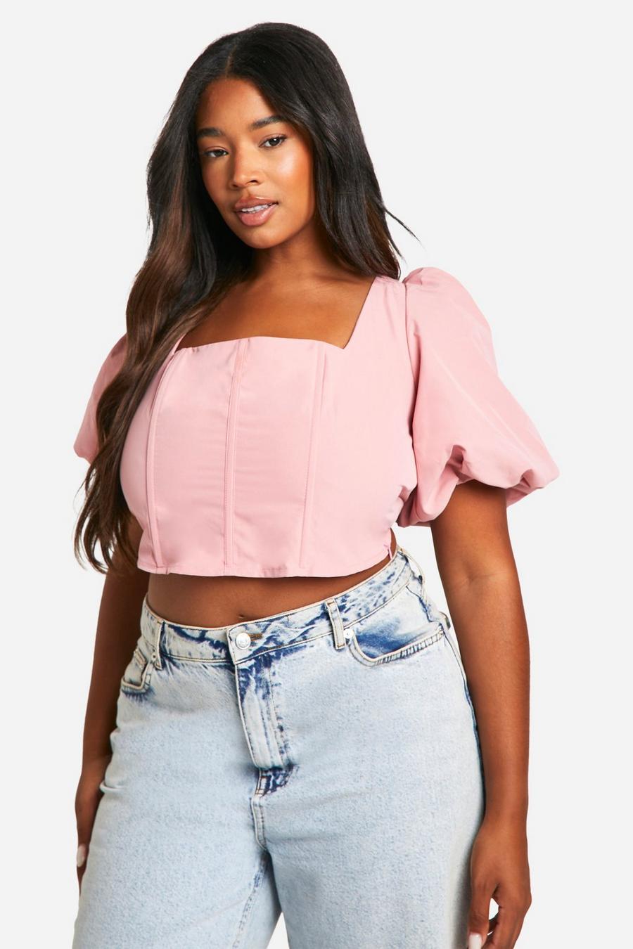 Baby pink Plus Puff Sleeve Square Neck Corset Top  image number 1