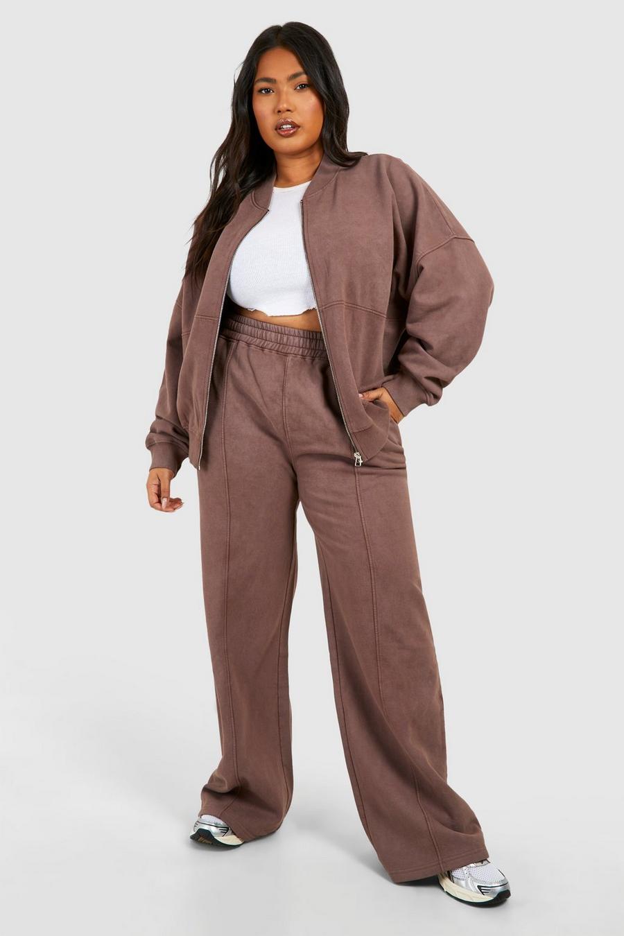 Chocolate brown Micro Washed Zip Through Bomber Straight Leg Tracksuit 