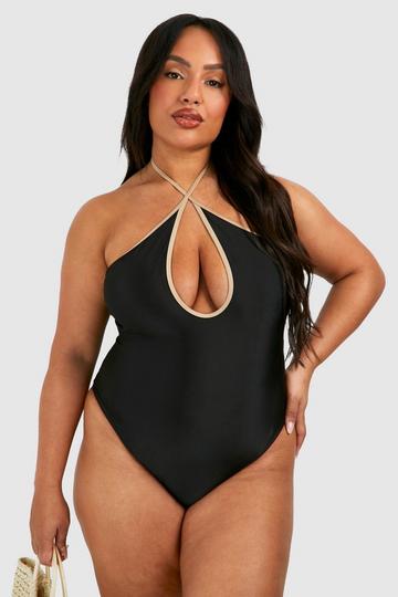 Plus Contrast Binding Keyhole Swimsuit black