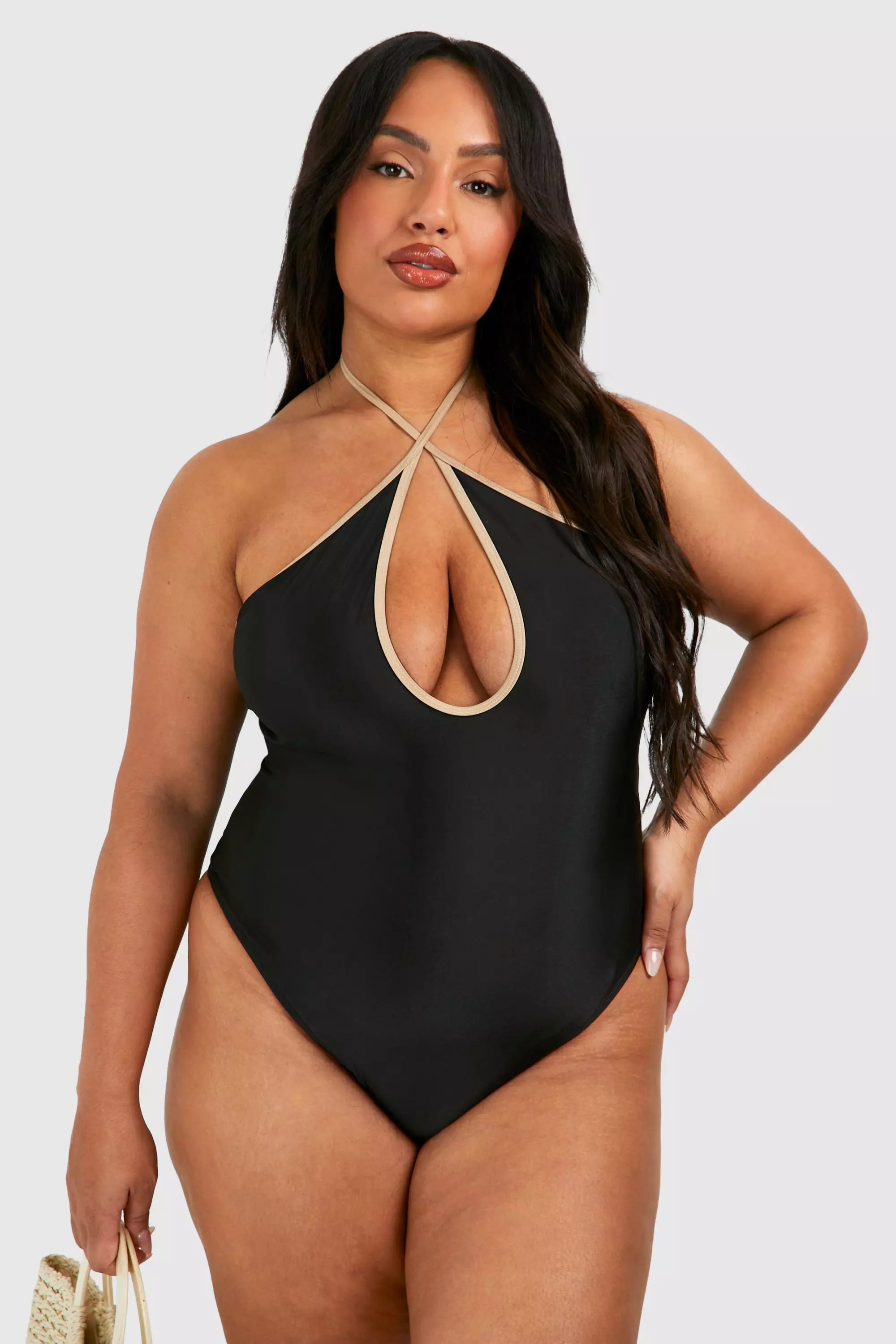 Black Plus Contrast Binding Keyhole Swimsuit alternative image