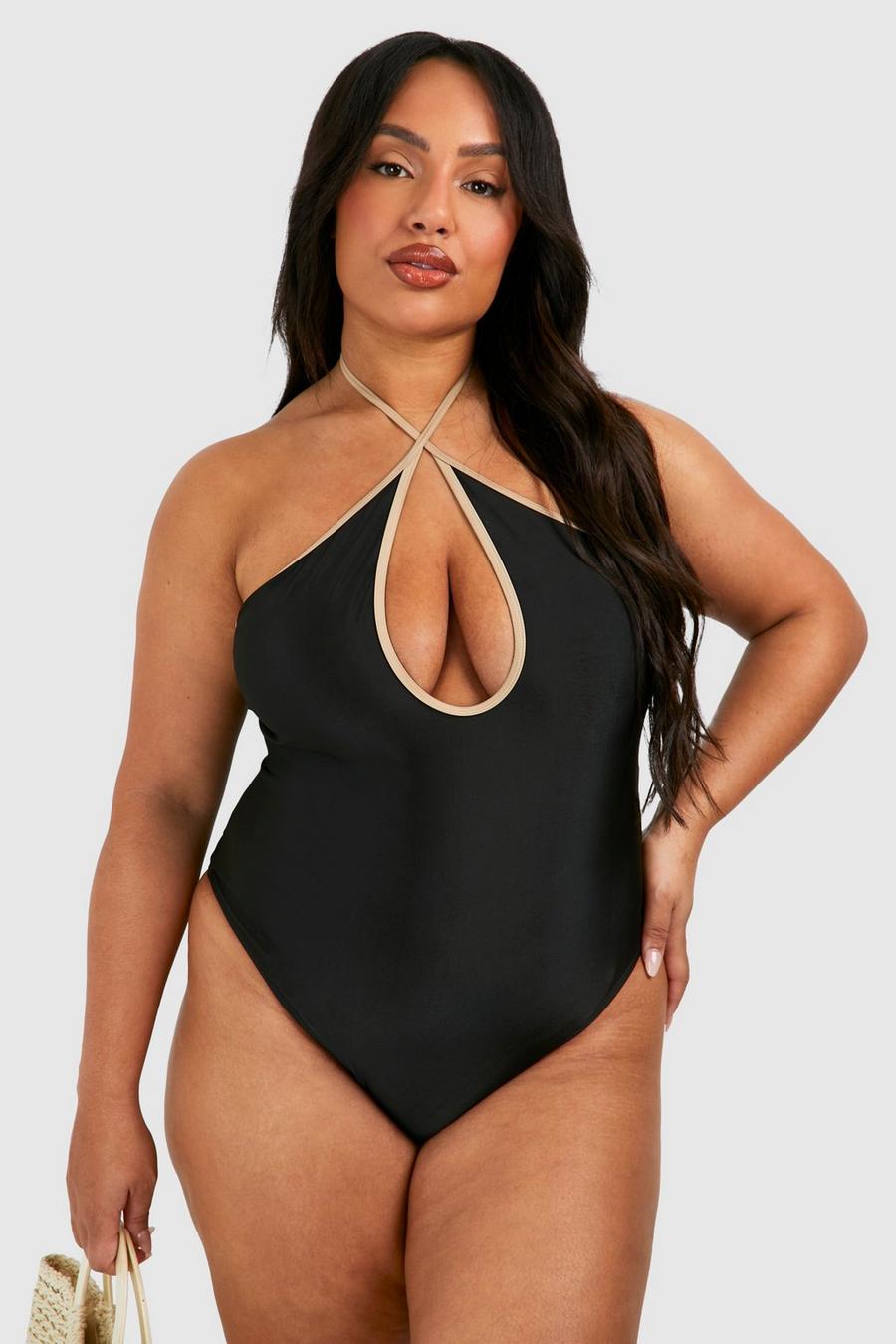 Black Plus Contrast Binding Keyhole Swimsuit image number 1