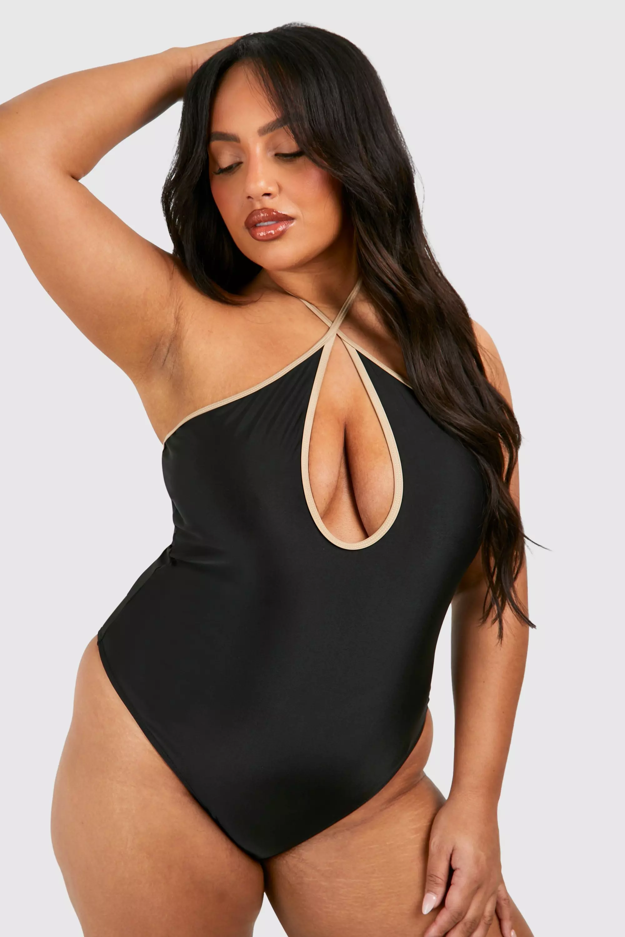 Black Plus Contrast Binding Keyhole Swimsuit alternative image