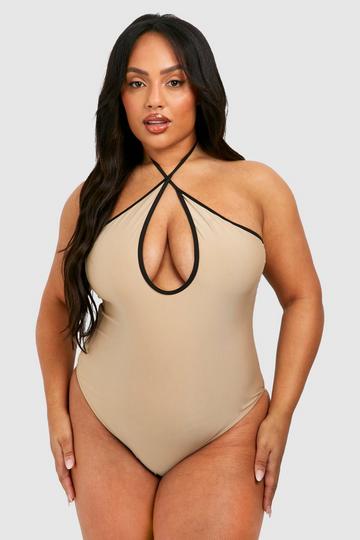 Plus Contrast Binding Keyhole Swimsuit taupe