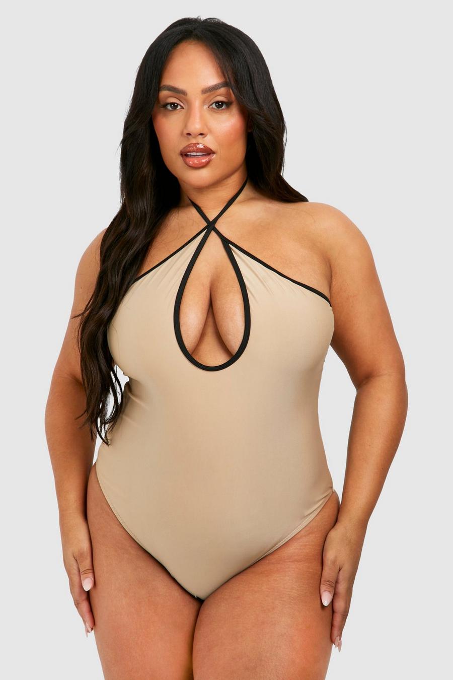 Taupe Plus Contrast Binding Keyhole Swimsuit image number 1