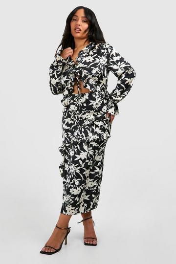 Black Plus Mono Floral Cut Out Ruffle Midi Dress