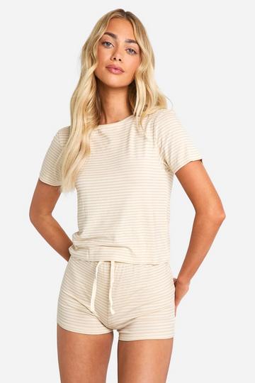 Gestreept T-Shirt Met Korte Mouwen En Shorts Set cream