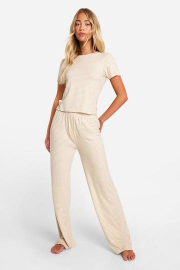 Cream White Stripe T Shirt And Wide Leg Pants Set