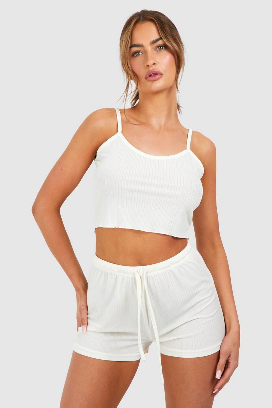 White Pointelle Cami Tank Top And Short Pajamas image number 1
