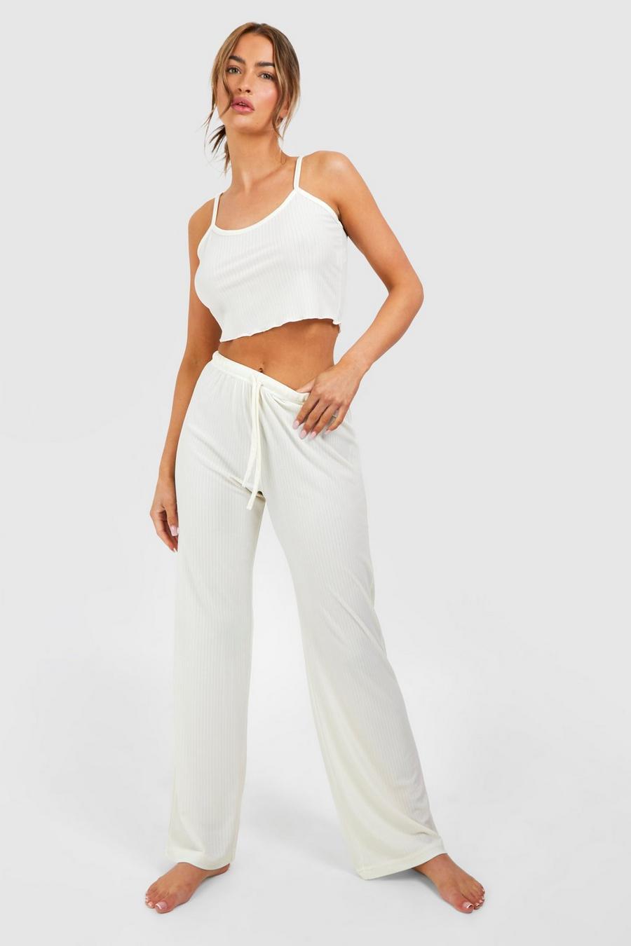 White Pointelle Cami Tank Top And Pants Pajama Set image number 1