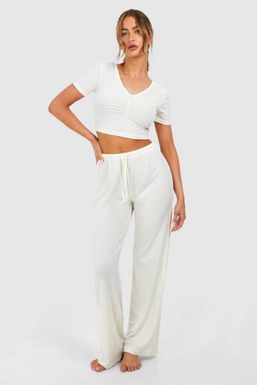 White Pointelle Short Sleeve Tshirt And Trouser Pj Set