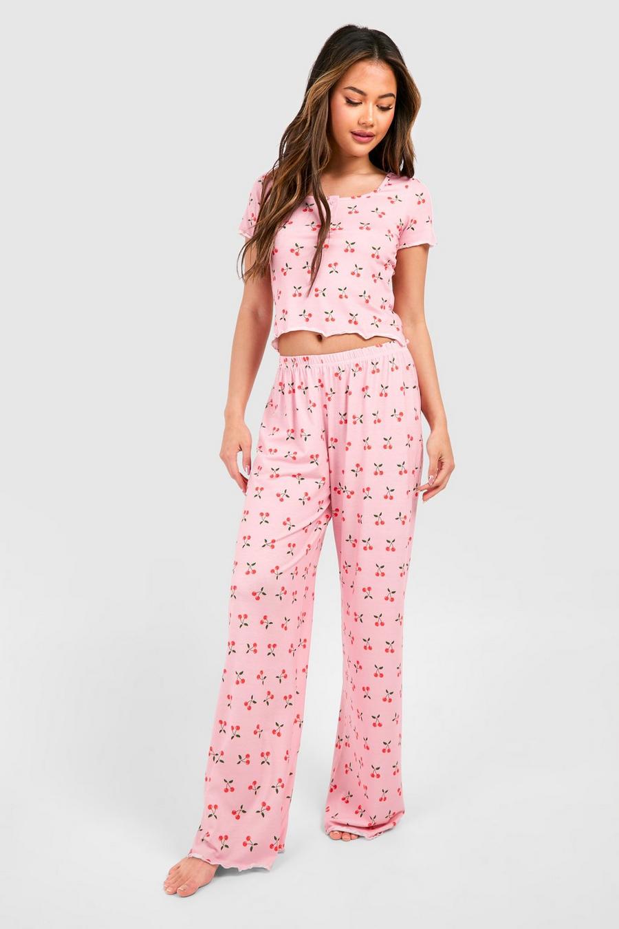 Set pigiama con pantaloni lunghi con ciliegie, Pink
