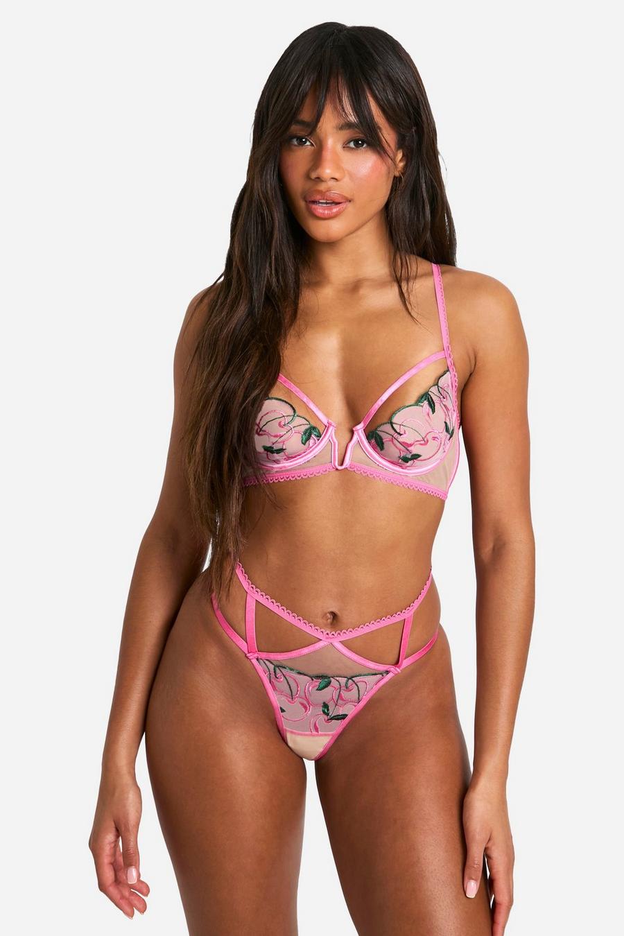 Pink Cherry Embroidered Detail Thong 