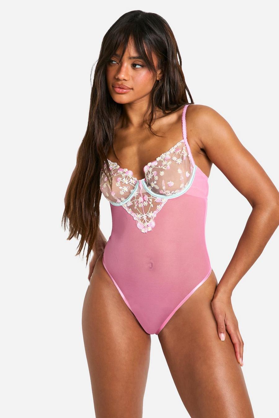 Pink Strawberry Embroidered Detail Bodysuit image number 1