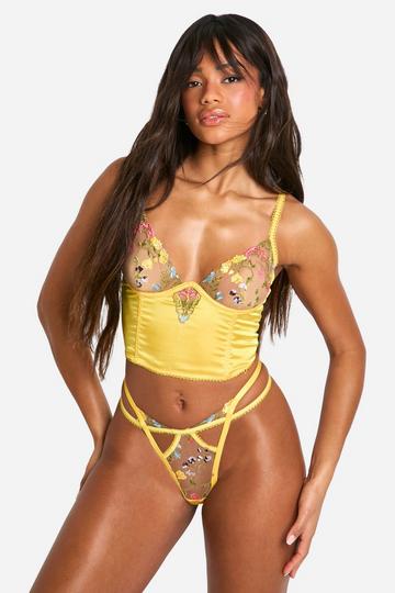 Floral Embroidered Plunge Satin Corset yellow