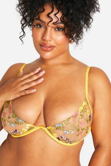 Floral Embroidered Plunge Fuller Bust Balcony Bra neon-yellow