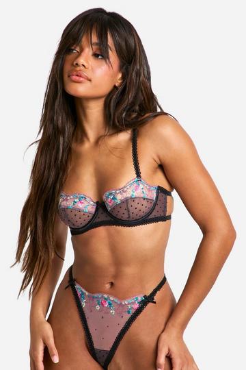 Polka Dot Embroidered Balcony Bra black