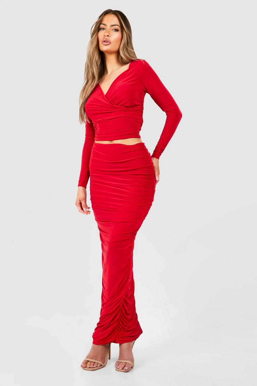 Red Ruched Slinky Maxi Skirt image number 1