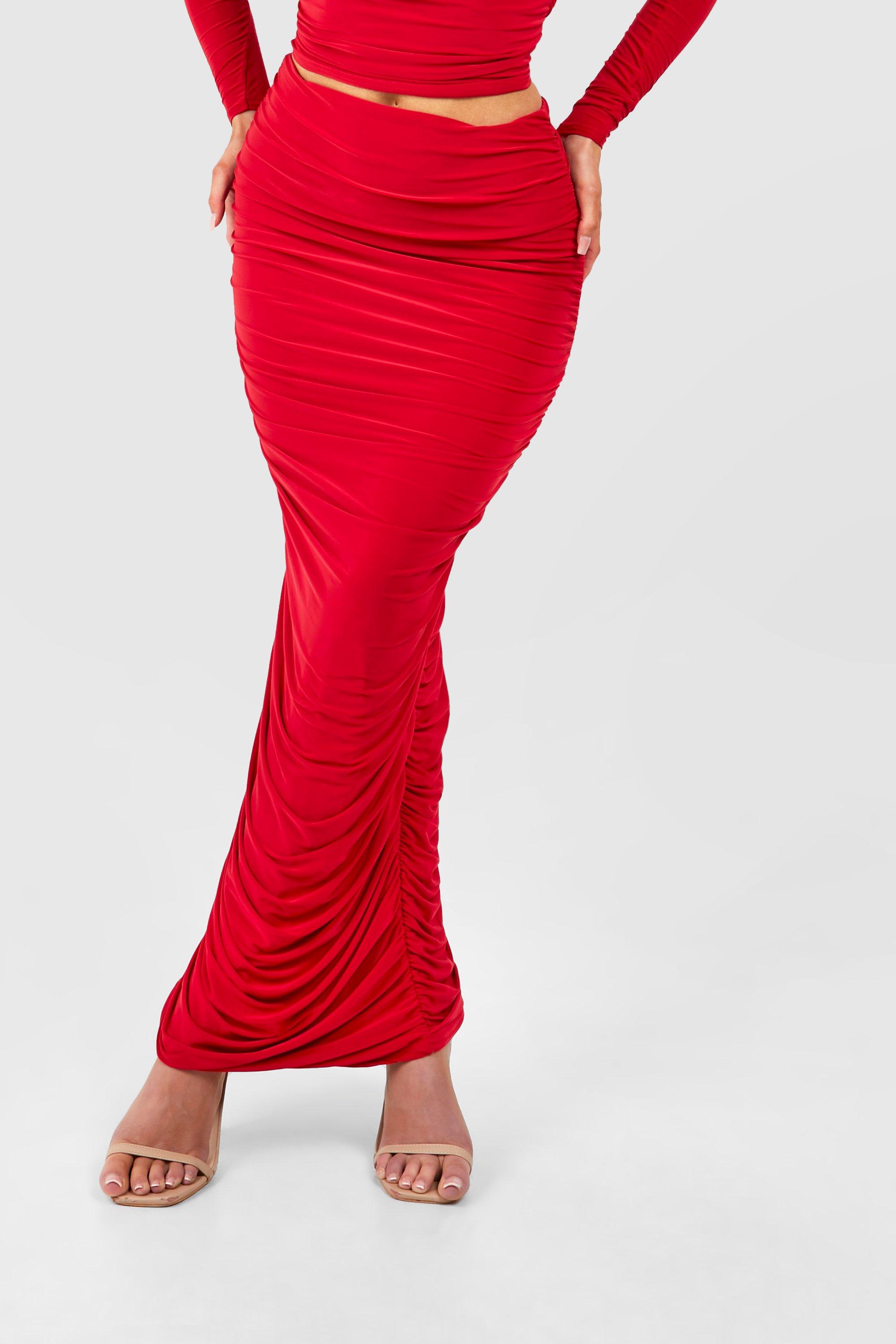 red ruched maxi skirt