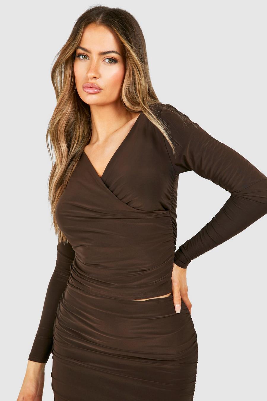 Chocolate V Neck Ruched Slinky Long Sleeve Top image number 1
