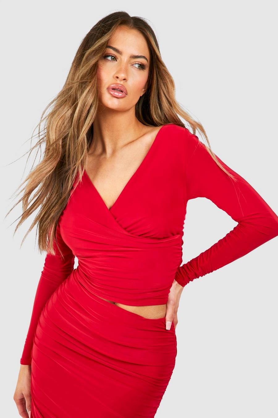 Red rouge V Neck Ruched Slinky Long Sleeve Top