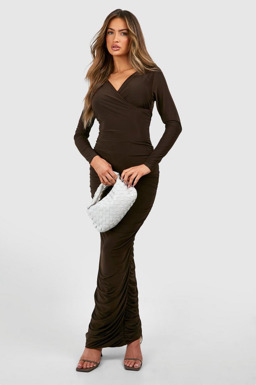 Chocolate brown V Neck Ruched Slinky Maxi Dress