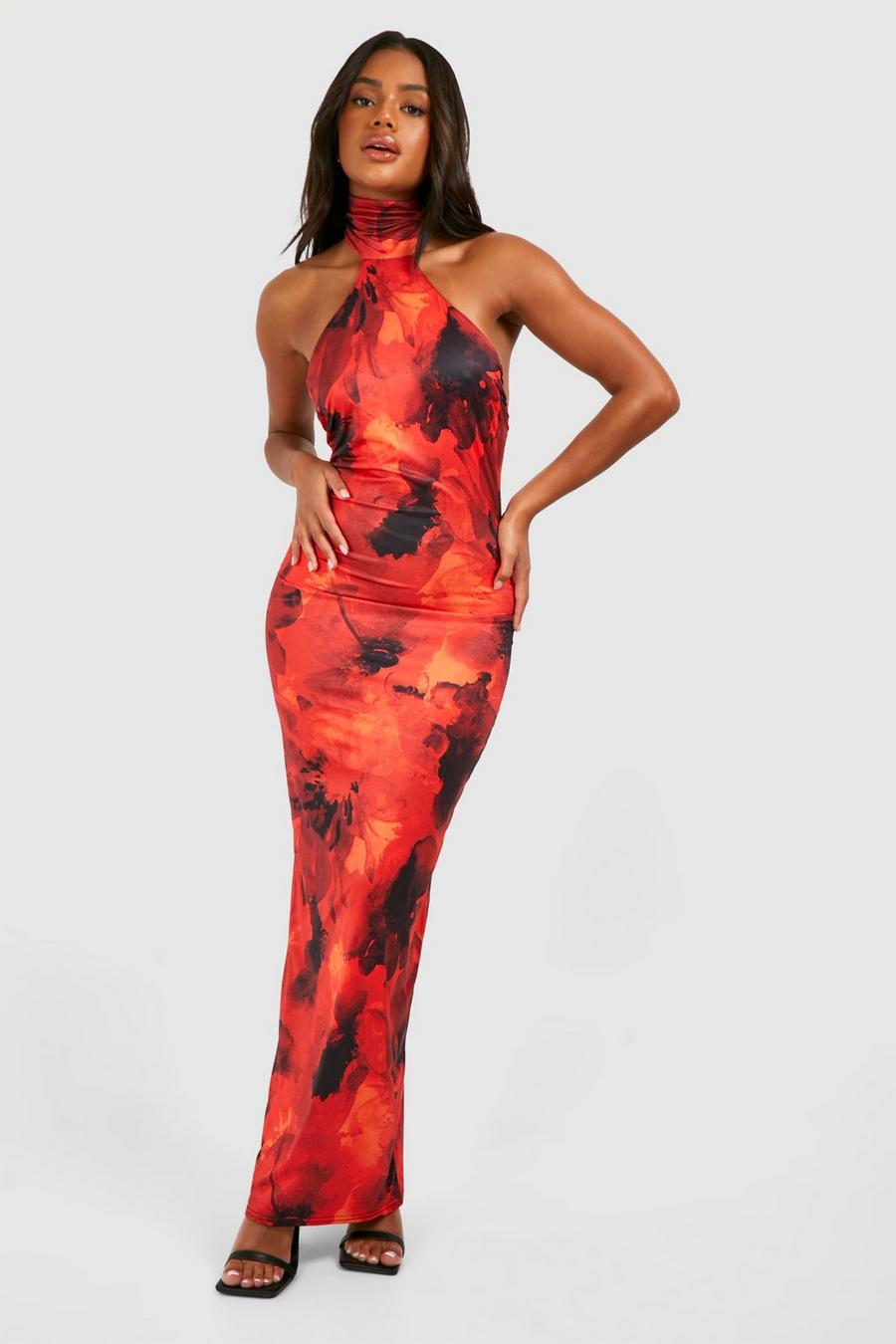Red Racer Neck Printed Slinky Maxi Dress  image number 1
