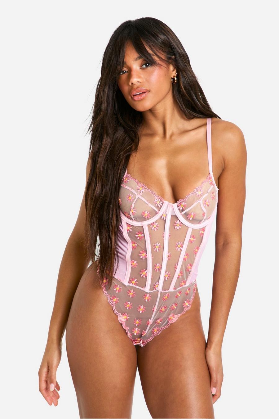 Pink Daisy Embroidered Bodysuit  image number 1