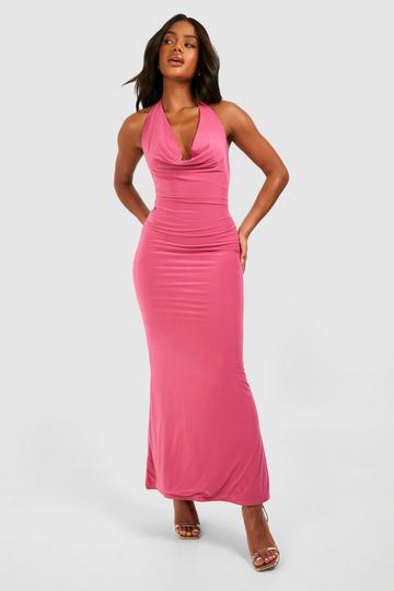 Magenta Pink Halter Neck Cowl Slinky Maxi Dress