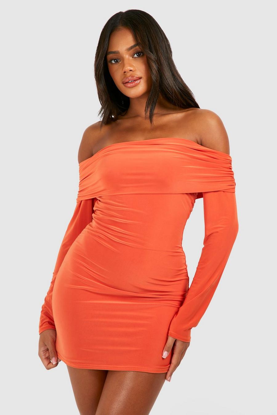 Orange Off The Shoulder Cut Out Back Slinky Mini Dress