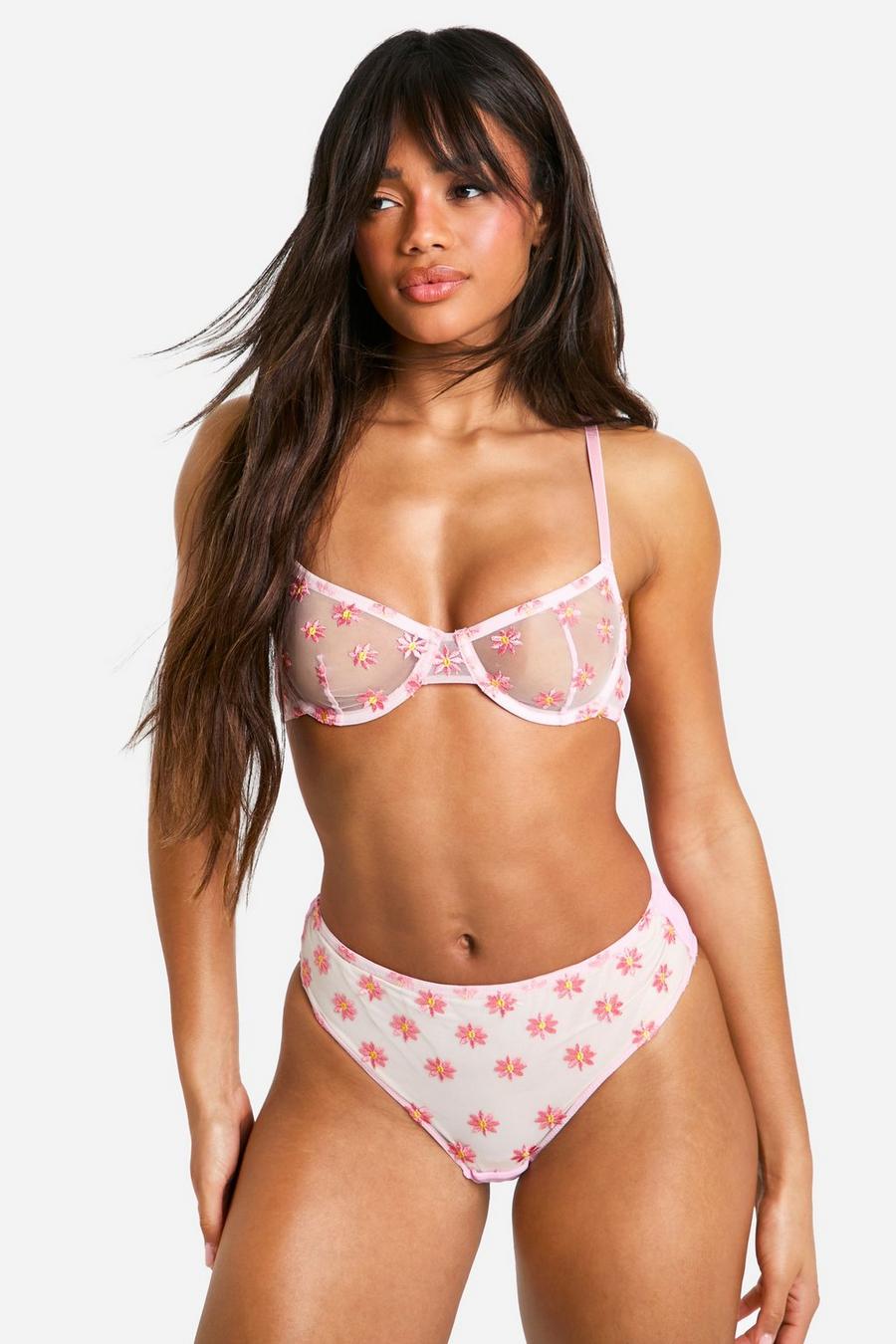 Daisy Embroidery Balcony Bra And Brief Set , Pink
