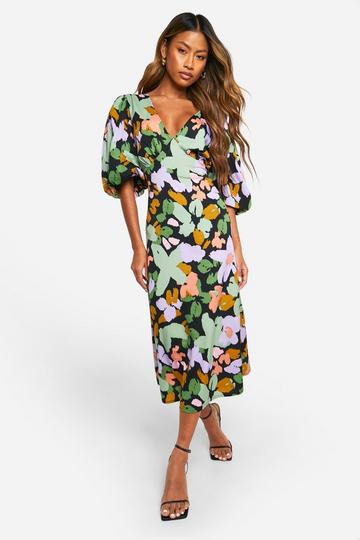 Printed Puff Sleeve Tie Back Midi Dress multi