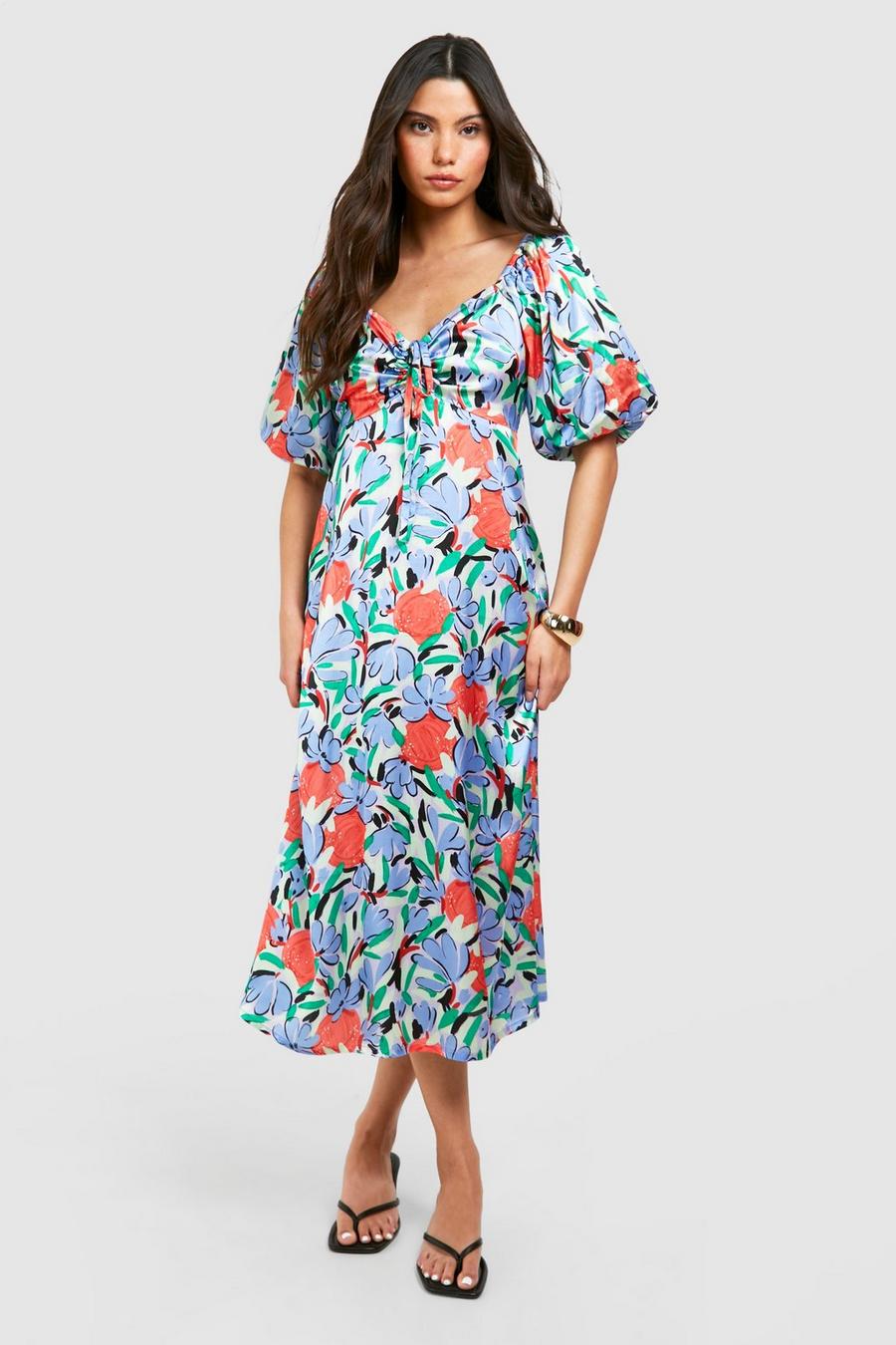 Multi Bold Floral Puff Sleeve Midi Dress image number 1