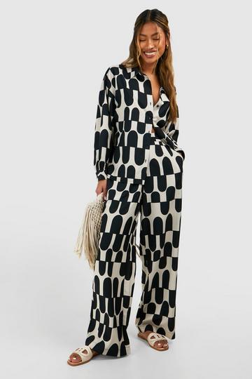 Mono Abstract Print Woven Shirt & Wide Leg Pants Set black