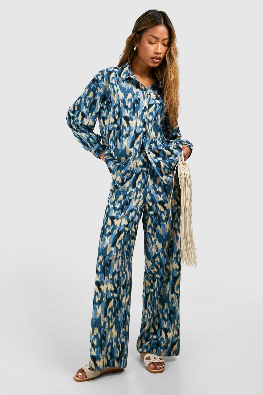 Blue Abstract Print Woven Shirt & Wide Leg Trouser Set image number 1