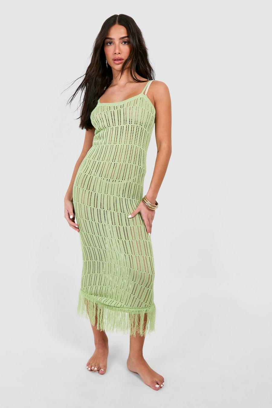 Green Petite Crochet Frayed Hem Beach Dress