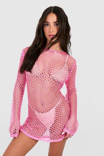 Petite Lurex Crochet Mini Beach Dress pink