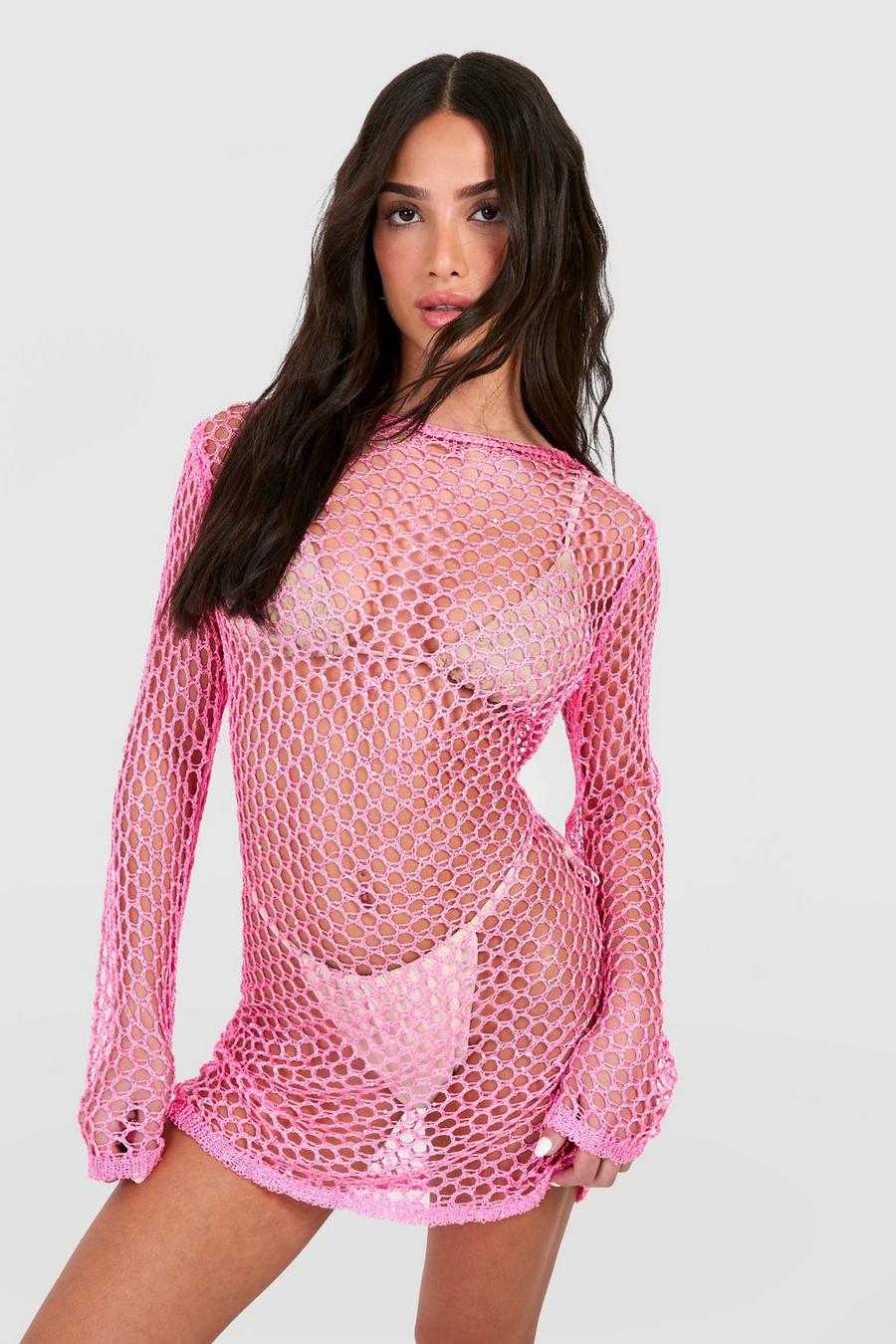 Pink Petite Crochet Mini Beach Dress image number 1