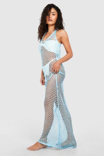 Blue Petite Lurex Crochet Maxi Beach Dress