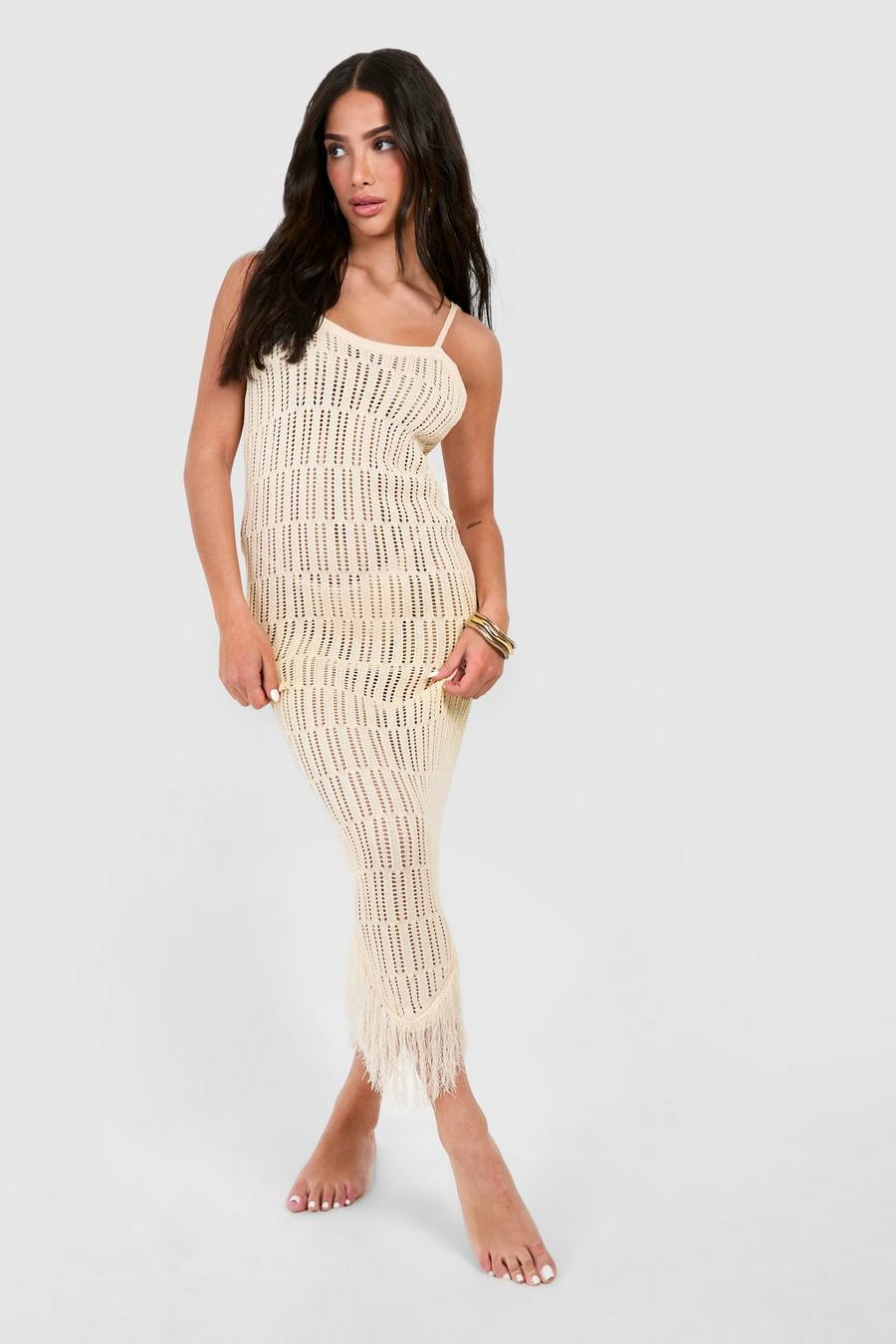 Petite gehäkeltes Strandkleid mit ausgefranstem Saum, Ivory image number 1