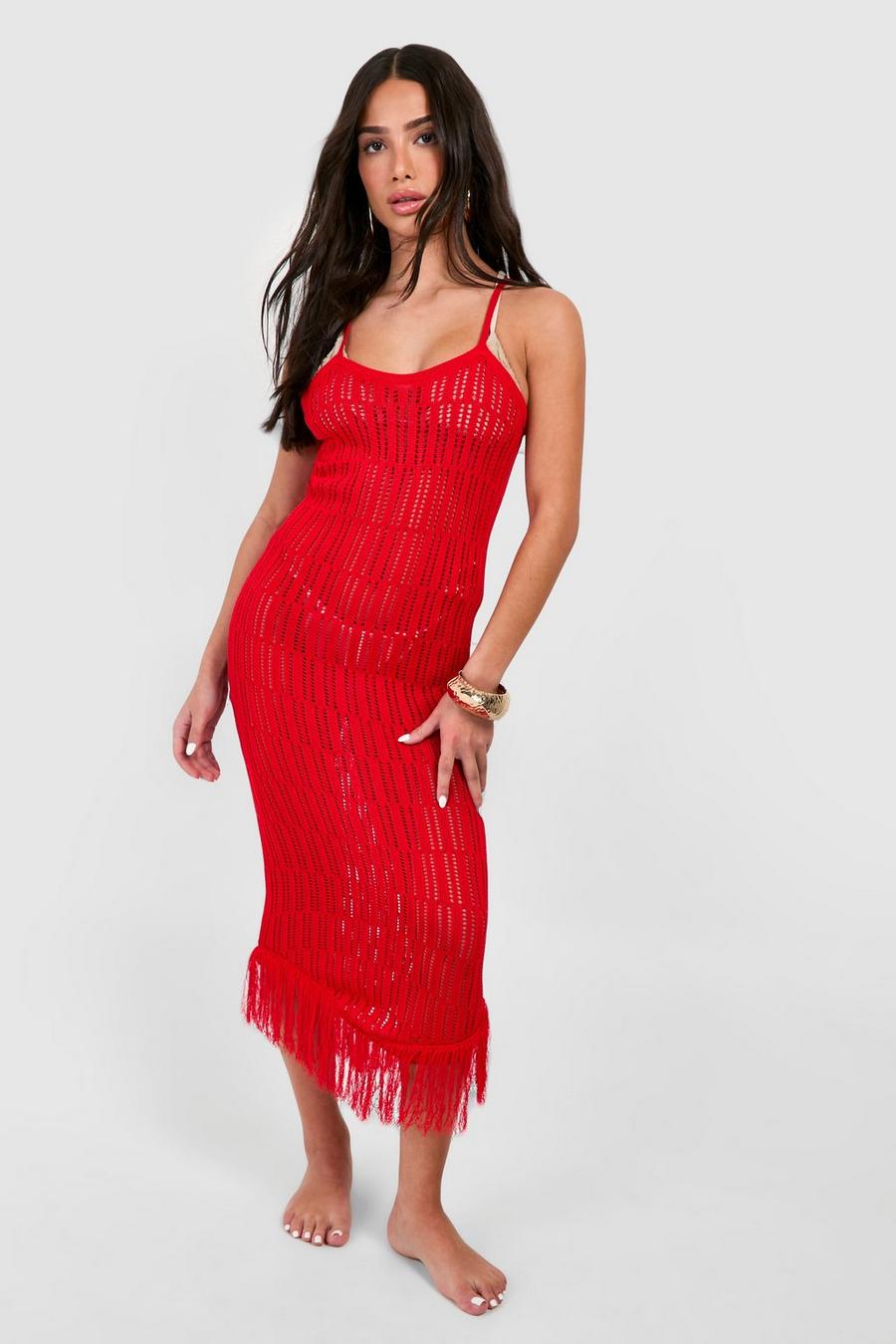 Red Petite Crochet Frayed Hem Beach Dress