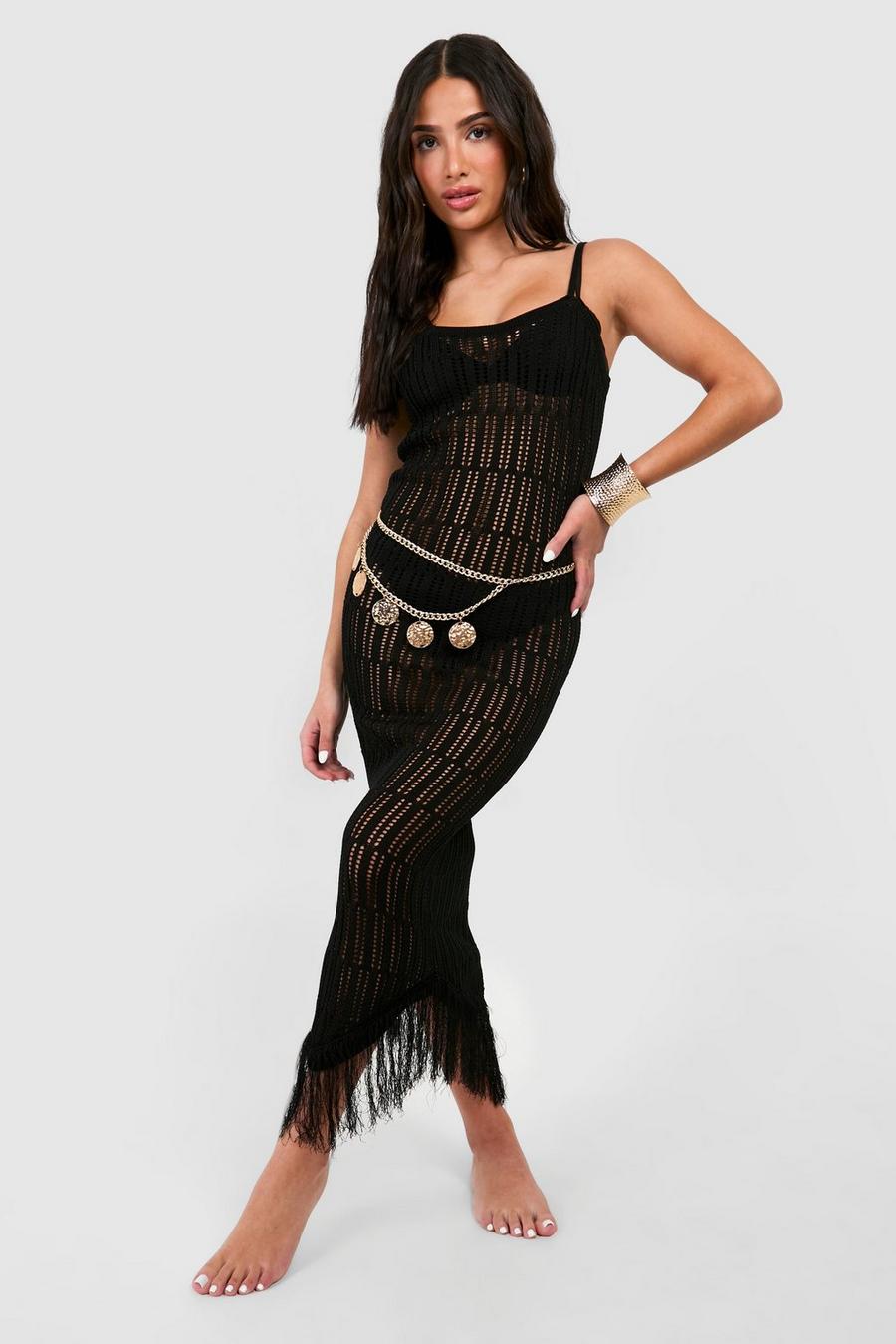 Black Petite Crochet Frayed Hem Beach Dress image number 1