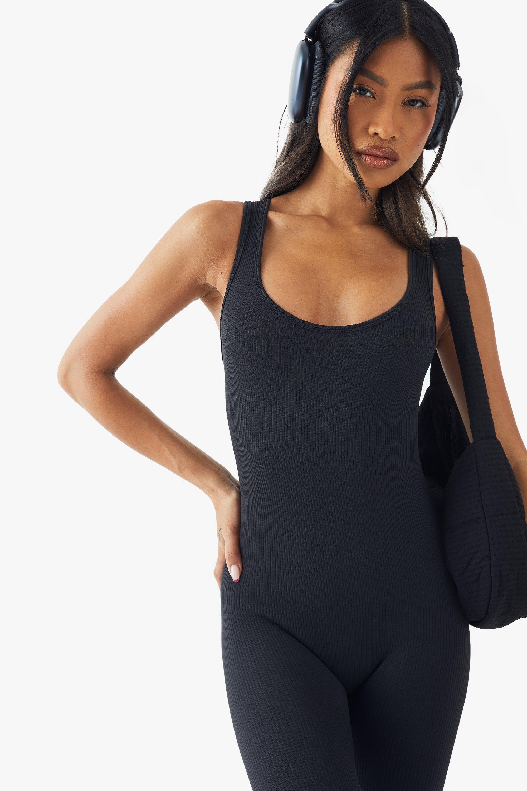 Seamless Ribbed Jumpsuit Structured Contour Unitard With Zip Front Black