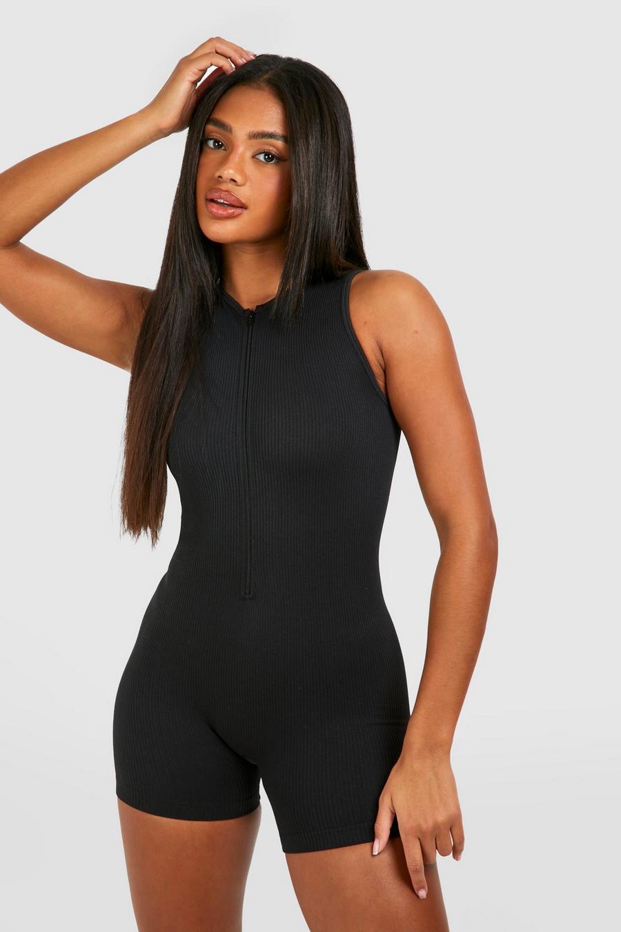 Black Mouwloze Naadloze Geribbelde Contour Unitard Playsuit Met Rits