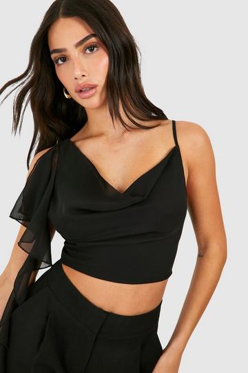 Black Petite Ruffle Cowl Neck Cropped Cami