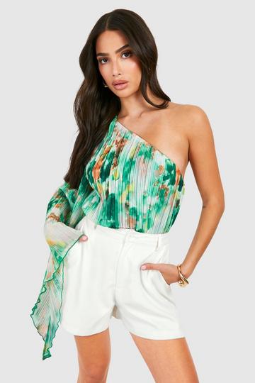 Petite Pleated Wide Angel Sleeve Bodysuit green