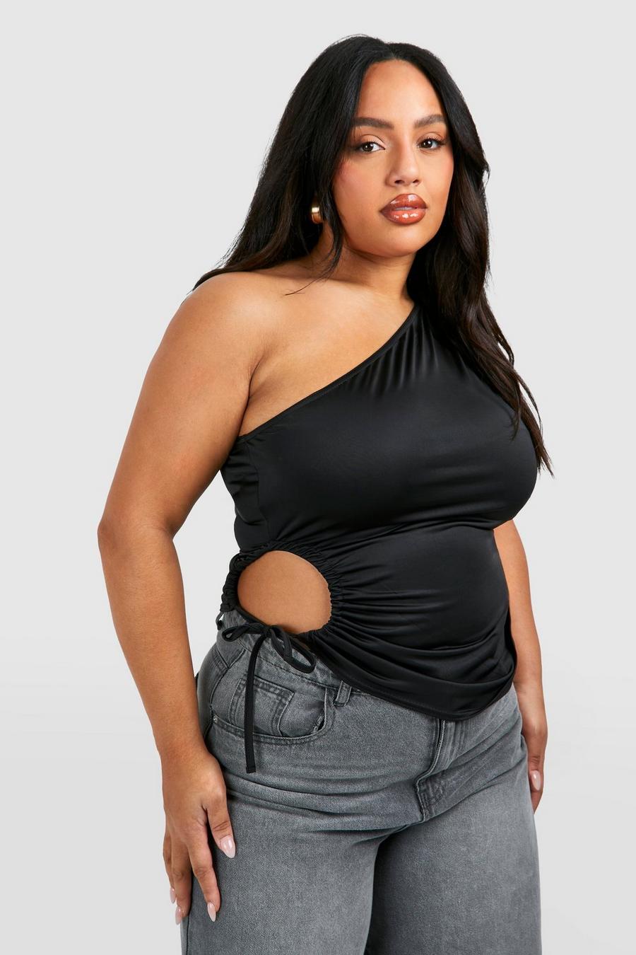 Grande taille - Top asymétrique froncé à découpe, Black