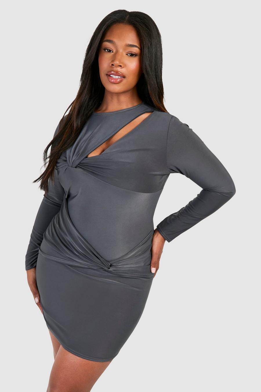 Charcoal Plus Knot Detail Long Sleeve Slinky Mini Dress