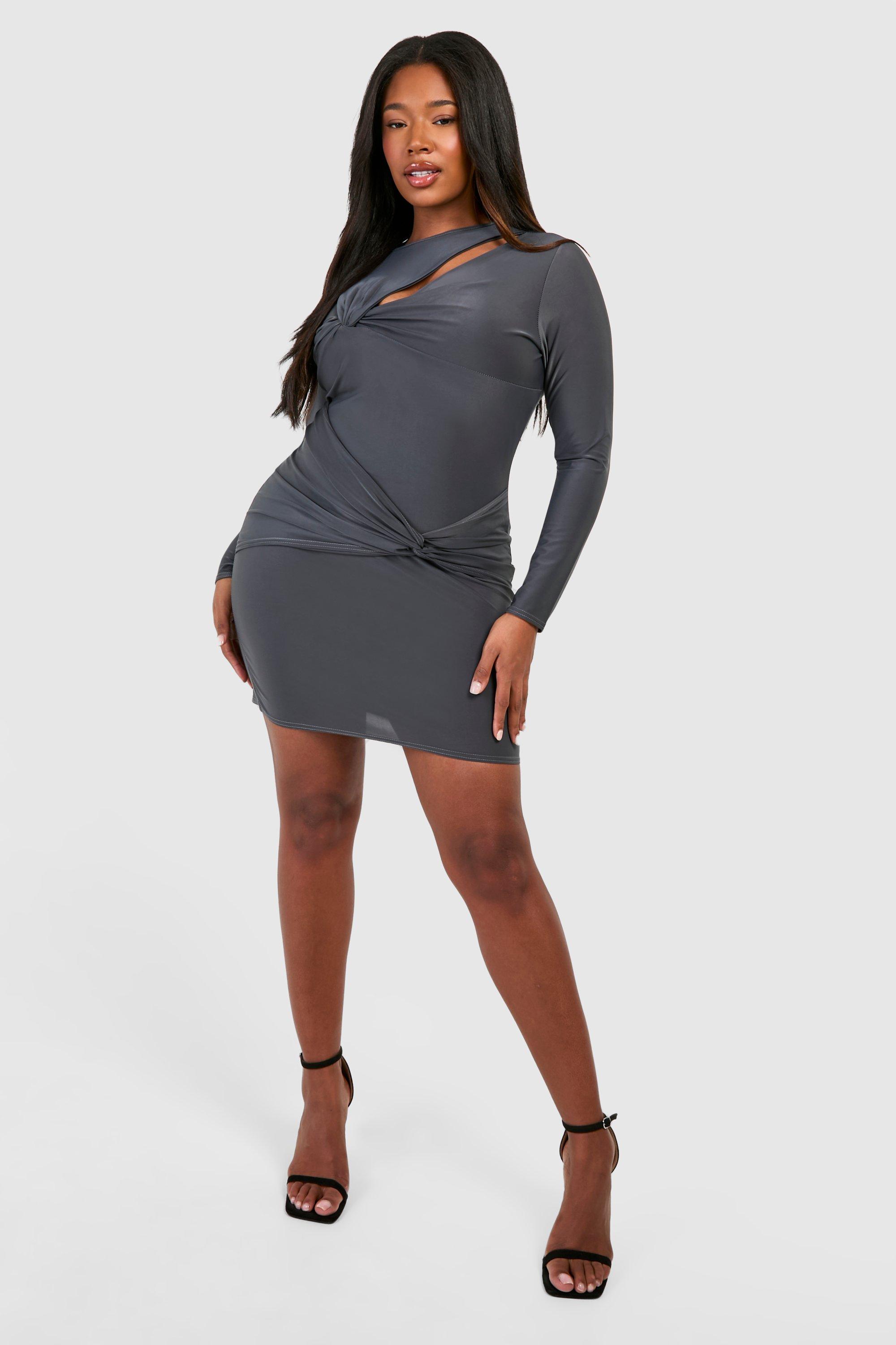 Plus Knot Detail Long Sleeve Slinky Mini Dress