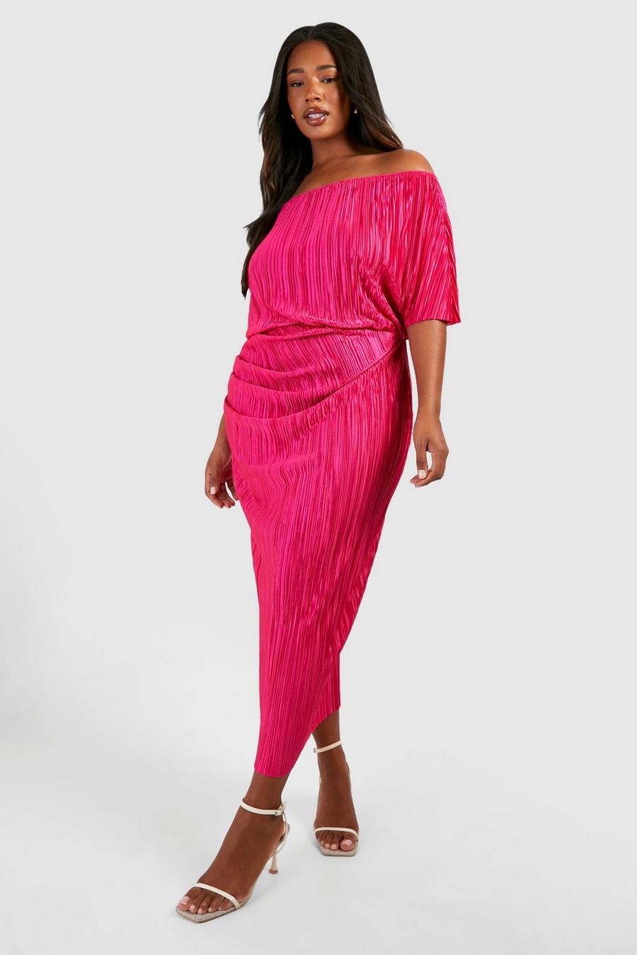 Hot pink Plus Off The Shoulder Plisse Midi Dress 
