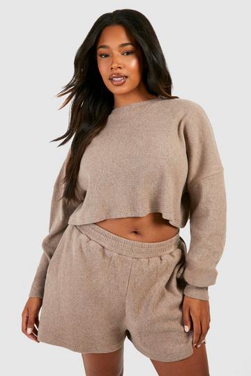 Plus Brushed Rib Short And Boxy Crop Set taupe